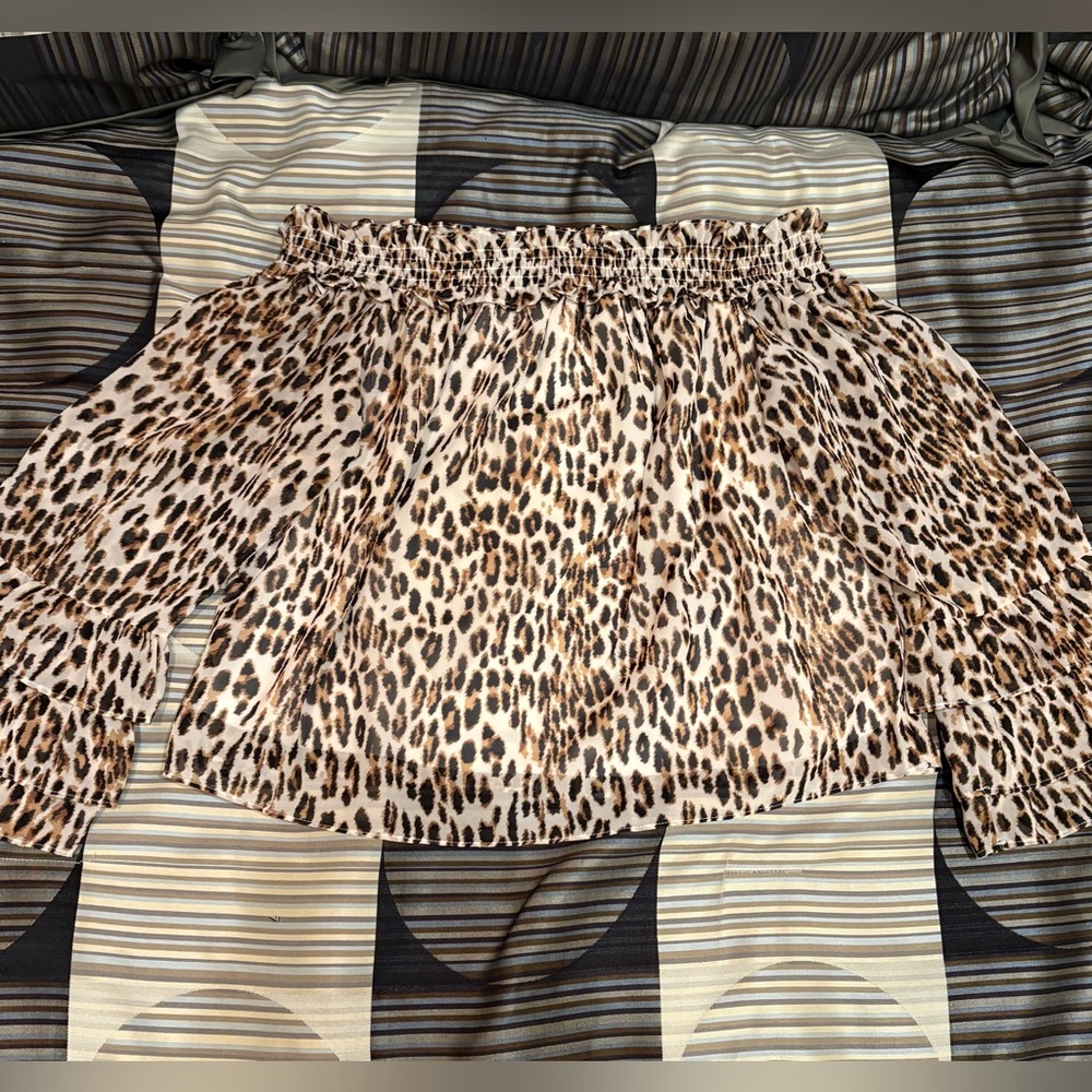 VENUS Animal Print Off Shoulder Top with Ruffle Bell Sleeve
